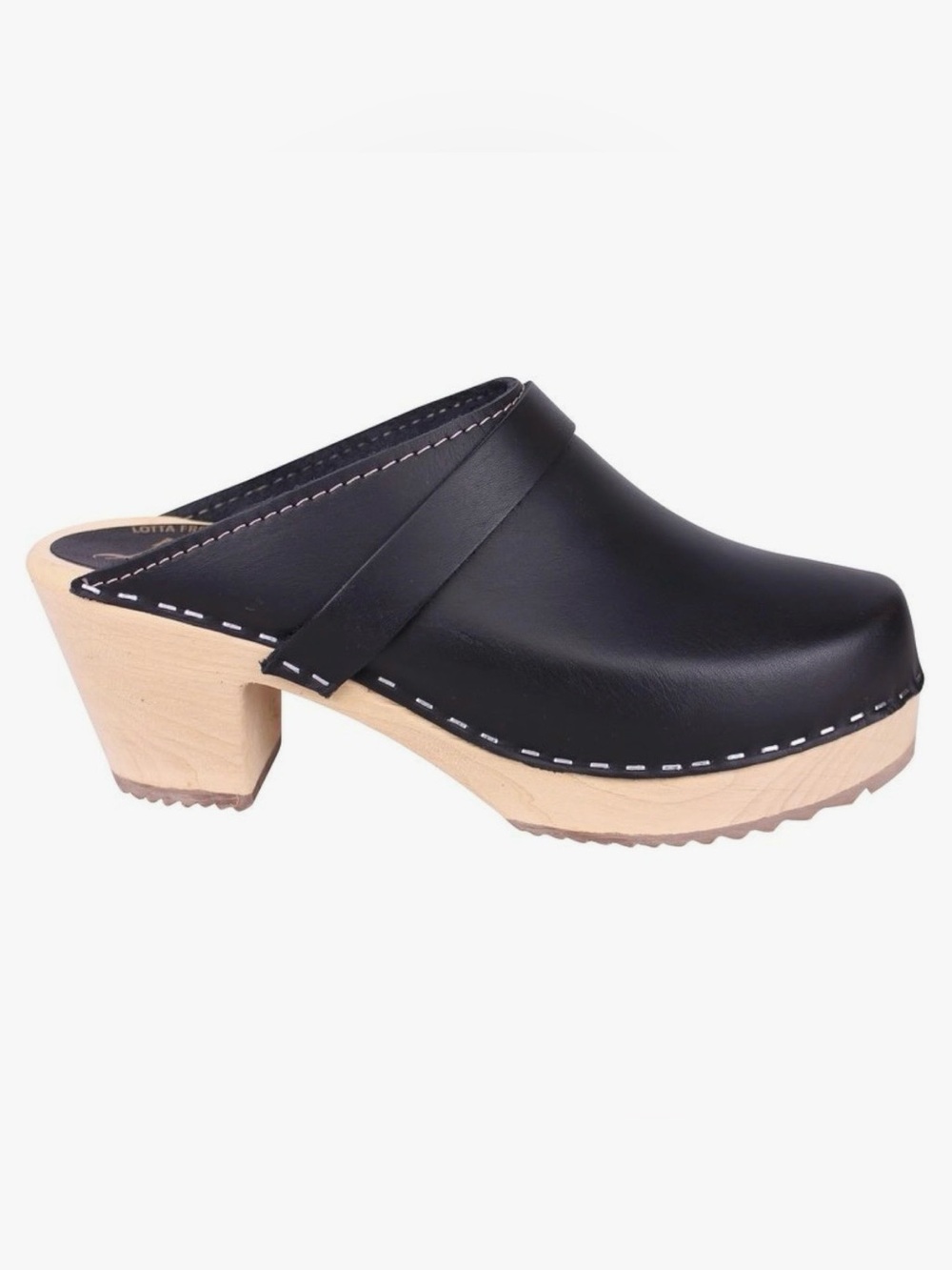 Lotta From Stockholm Black Leather High Heel Clog Mules with Natural Wood Heel